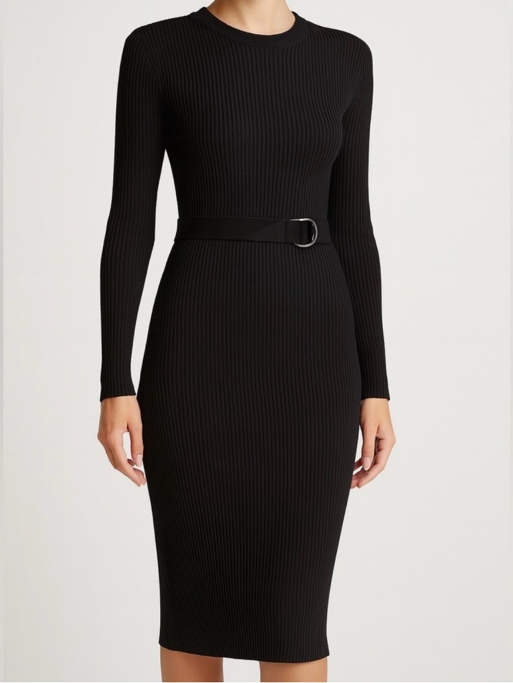 Michael Kors Black Ribbed Long-Sleeve Belted Midi Dress